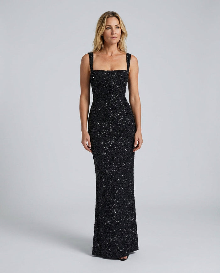 Cleo | Sequin Tie-Up Square Neck Maxi Dress