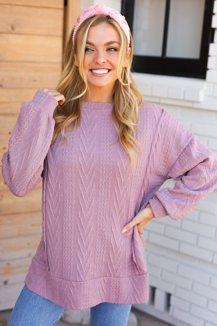 Women's Cable-Knit Crew Neck Sweater with Ribbed Hem