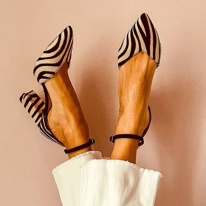 Women's Pointed Toe Ankle Strap Heels Zebra Print