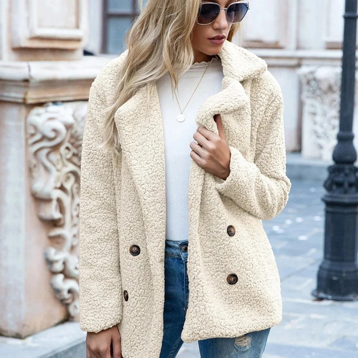 Women's Double-Breasted Teddy Coat with Notch Collar
