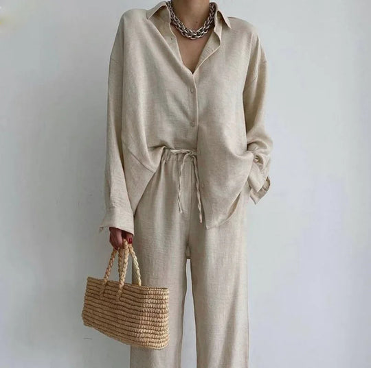 Women's Two-Piece Set Long Sleeve Shirt Straight Leg Pants