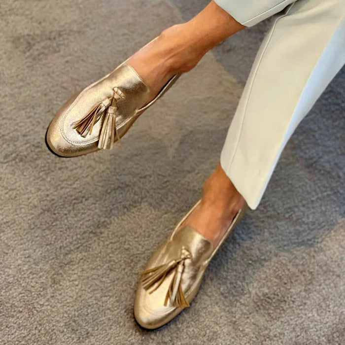 Women's Tassel Loafers Slip-On Shoes with Metallic Finish