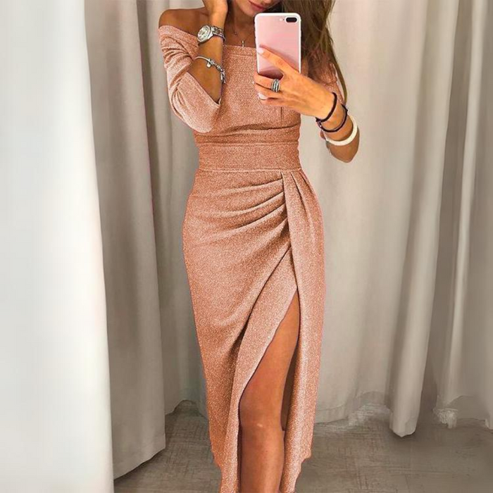 Women's Off-Shoulder Glitter Maxi Dress with Wrap Slit