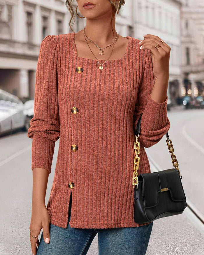 Women's Ribbed Button-Front Top with Long Sleeves
