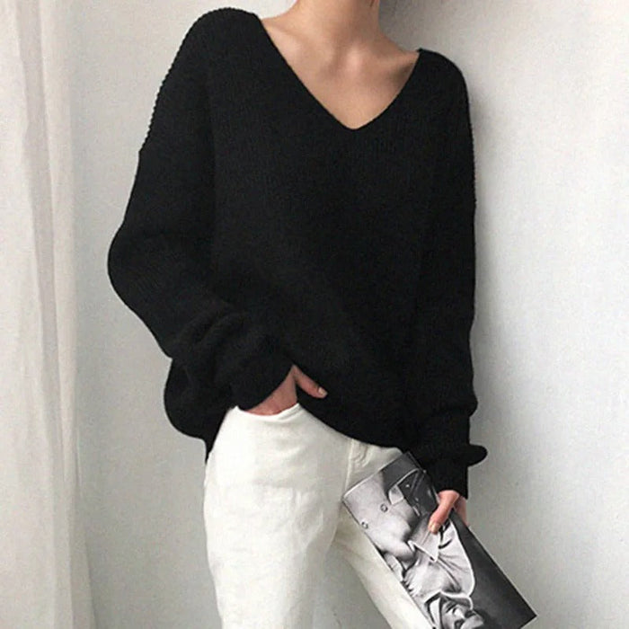 Women's Oversized Ribbed V-Neck Sweater Long Sleeve