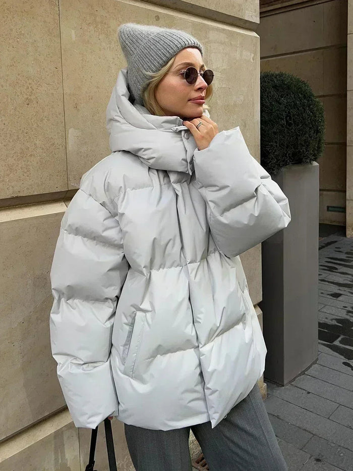 Women's Oversized Puffer Jacket with Hood and Zip Front