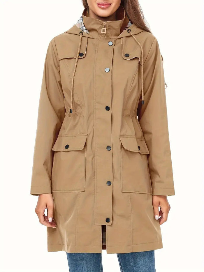 Women's Hooded Water-Resistant Trench Coat with Pockets
