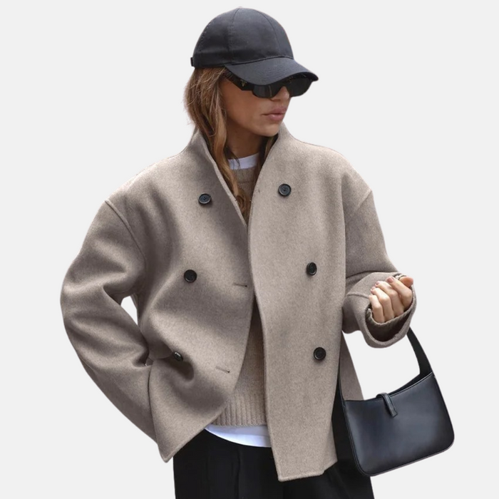 Women's Double-Breasted Coat with V-Neck and Button Closure