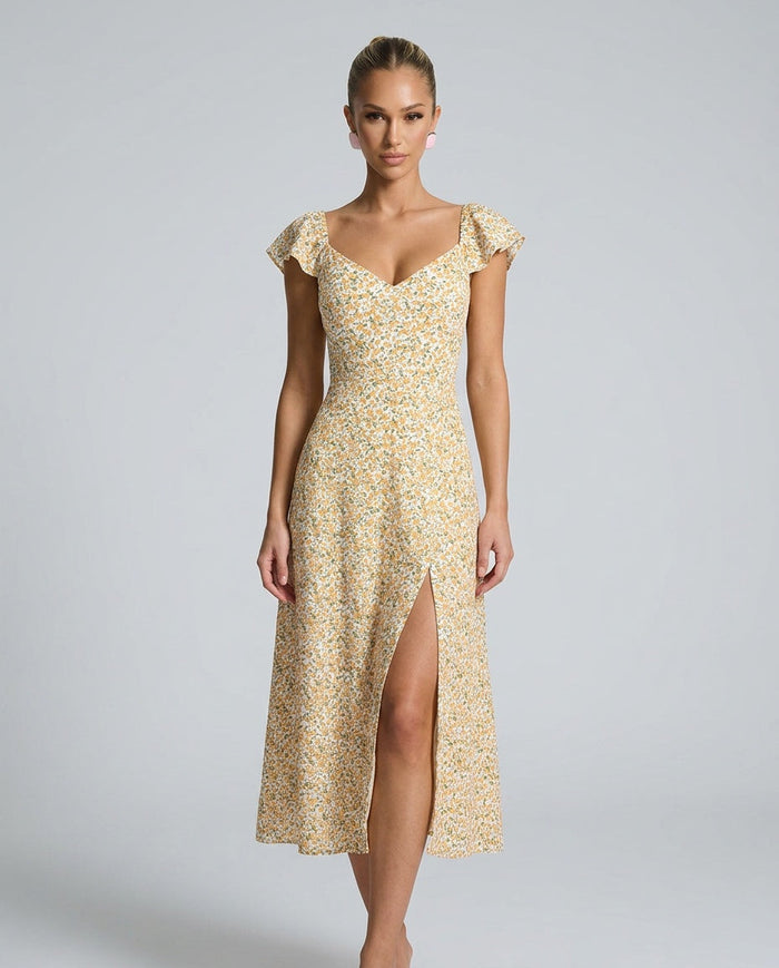 Isolde | V-Neck Floral Side Slit Midi Dress
