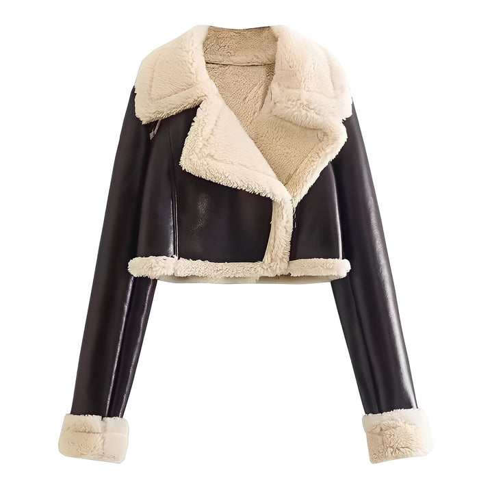 Women's Shearling Jacket with Faux Fur Trim Cropped