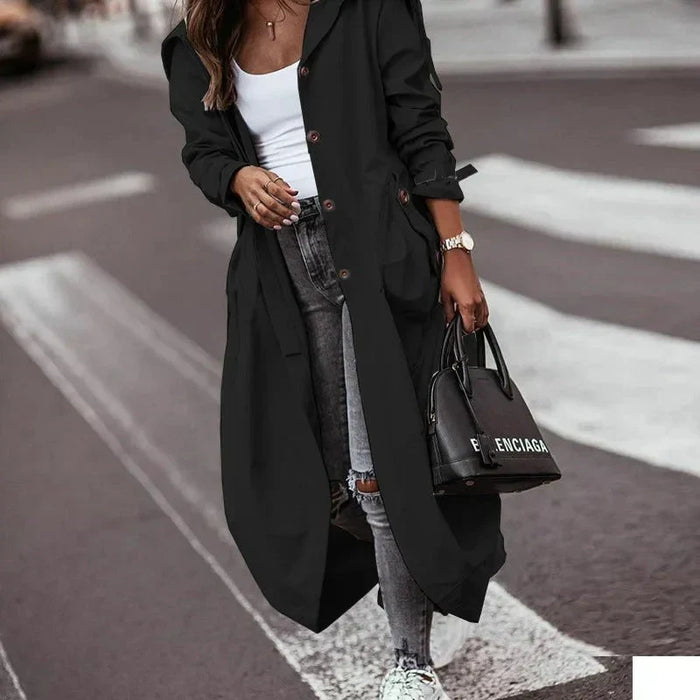 Women's Long Trench Coat with Detachable Hood