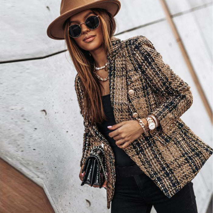 Women's Tweed Button-Front Blazer Long Sleeve