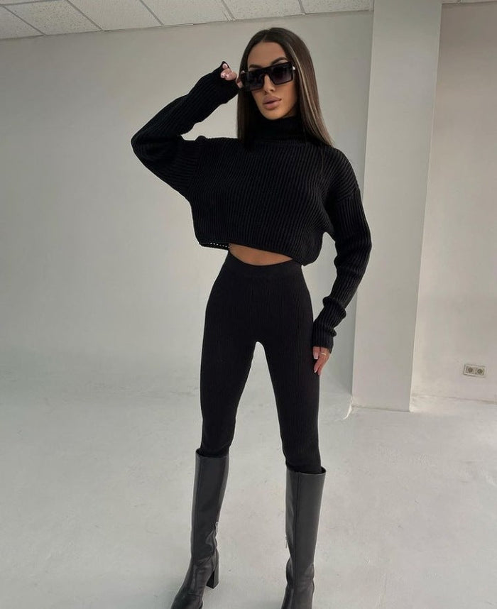 Women's Ribbed Turtleneck Cropped Top with Leggings Set
