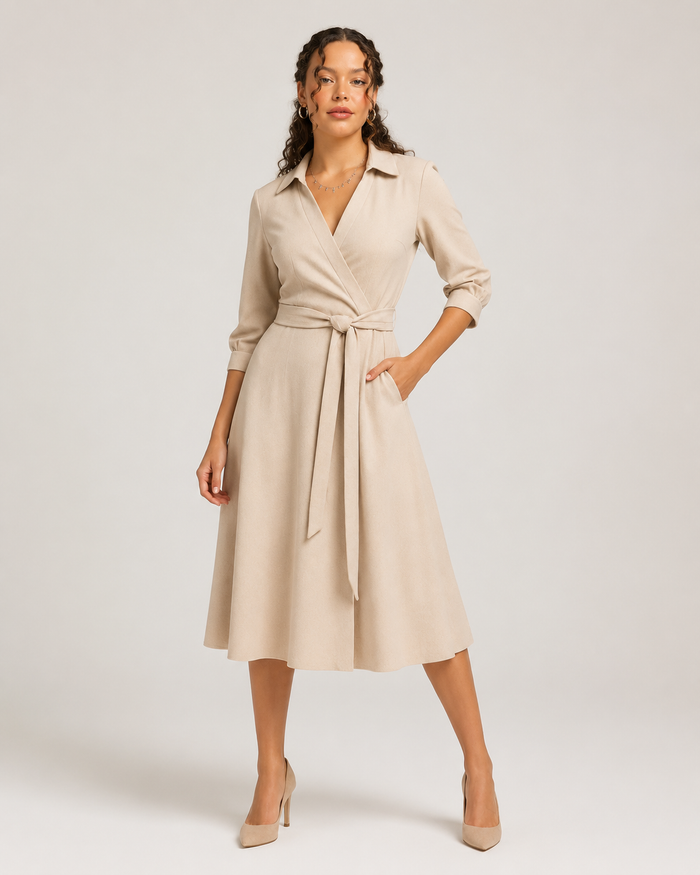 Women's Midi Wrap Dress with Belt and Collar