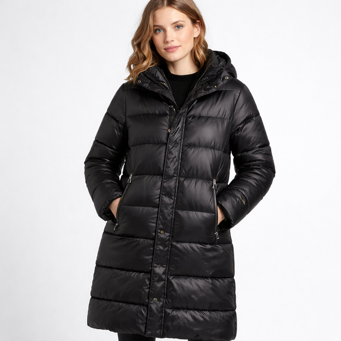 Women's Quilted Down Puffer Coat with Hood and Zip Pockets