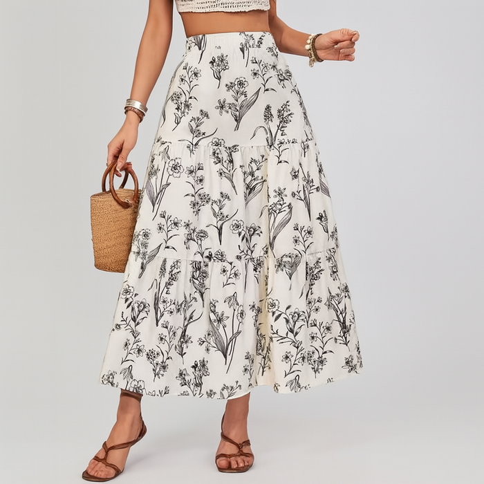 Women's Floral Tiered Midi Skirt with Elastic Waist