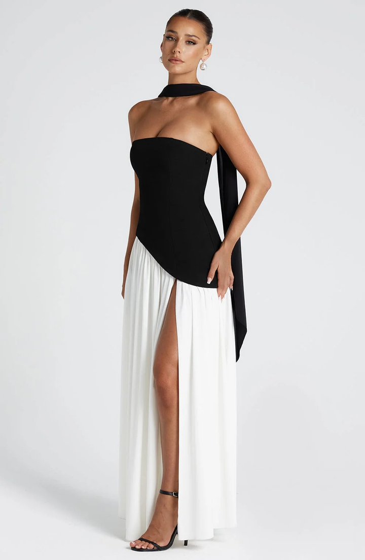 Crimson Allure | Strapless Maxi Gown with Matching Scarf