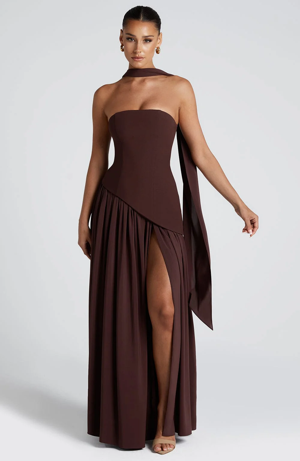 Crimson Allure | Strapless Maxi Gown with Matching Scarf