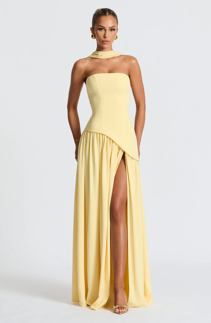 Crimson Allure | Strapless Maxi Gown with Matching Scarf