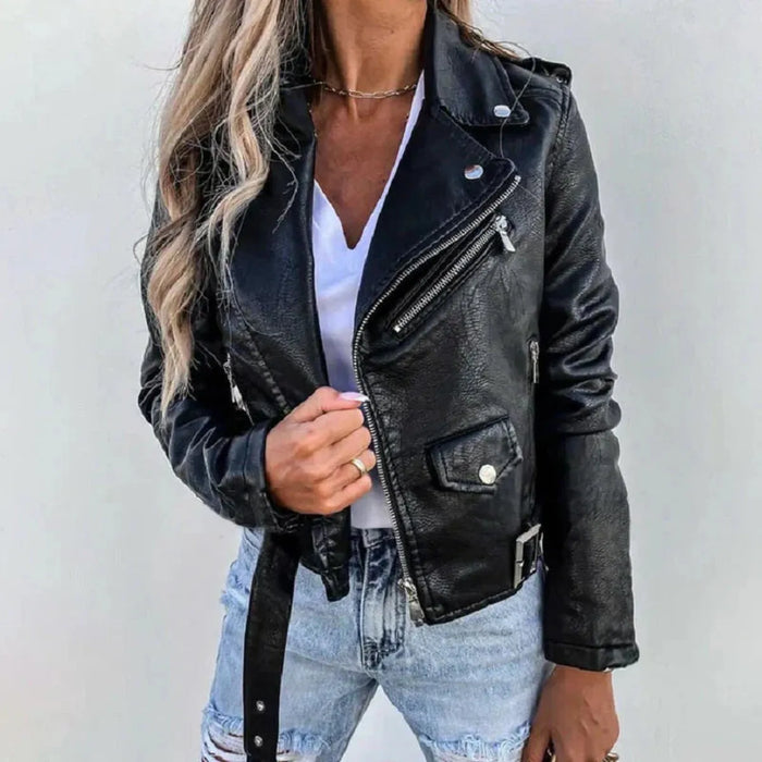 Women's Cropped Biker Jacket with Asymmetric Zip