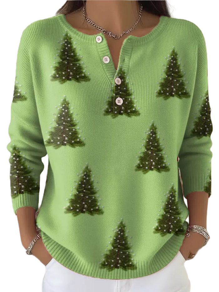 Women's Christmas Tree Sweater with Button Placket