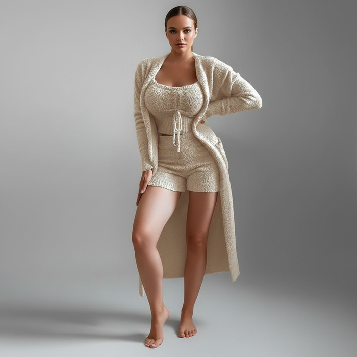 Women's 3-Piece Lounge Set with Cardigan and Shorts