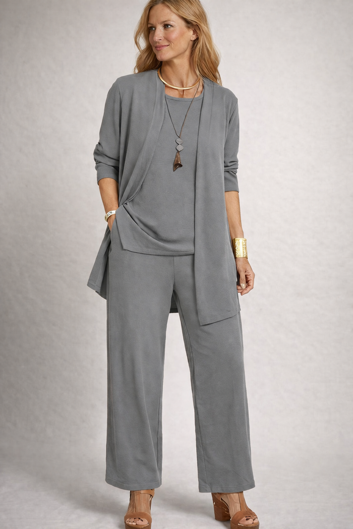 Women's 3-Piece Lounge Set Cardigan Top Wide-Leg Pants