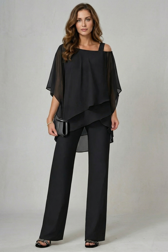 Élaria | Asymmetric Off-Shoulder Chiffon Top & Pant Set