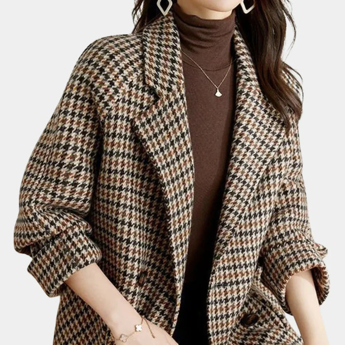 Women's Houndstooth Double-Breasted Blazer Hip Length