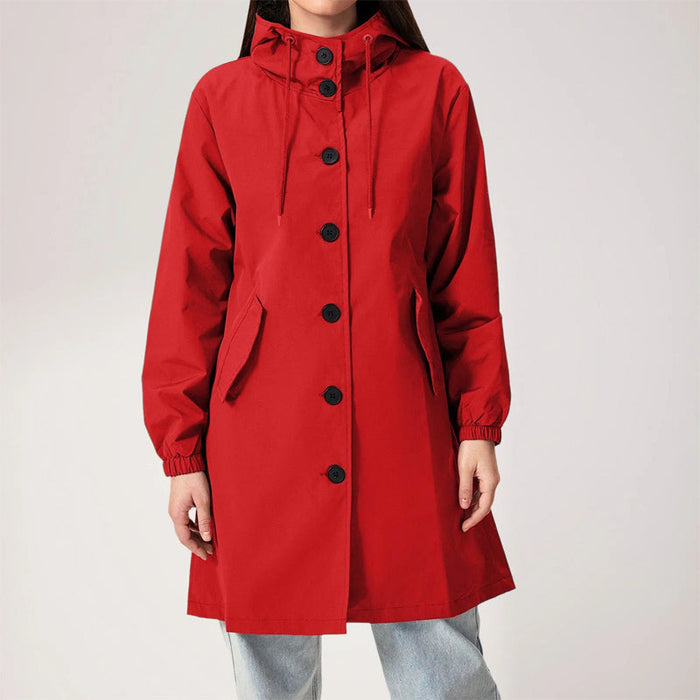 Women's Hooded Trench Coat Button-Front Mid-Length