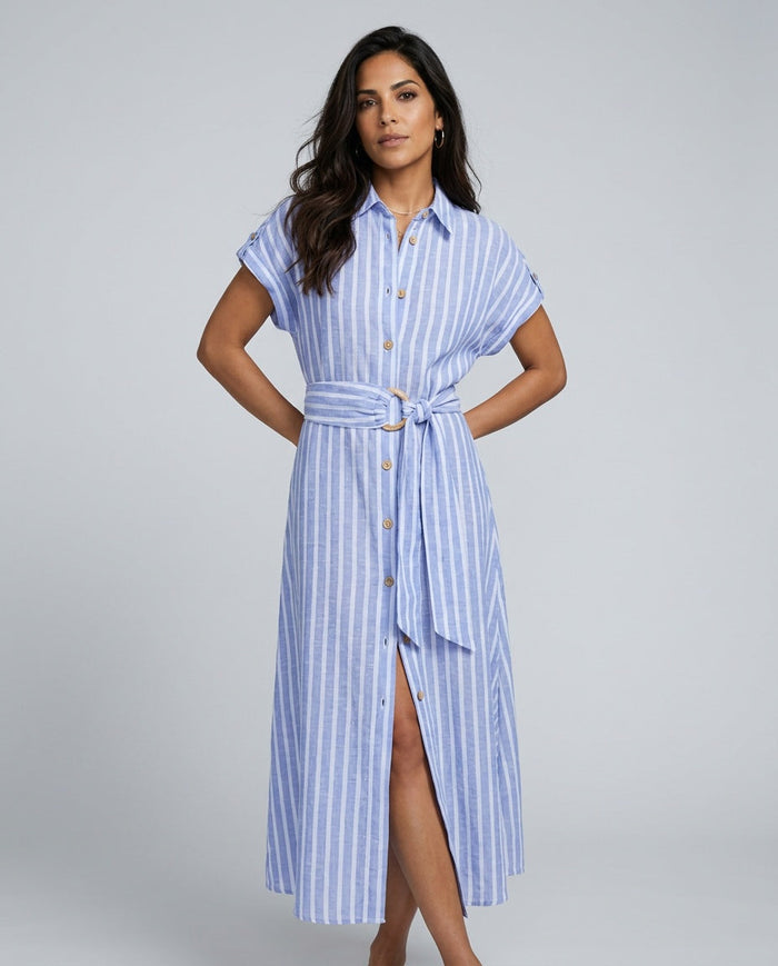 Willa | Striped Linen-Blend Belted Maxi Dress