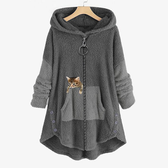 Women's Hooded Teddy Coat with Cat Embroidery and Ring Zip