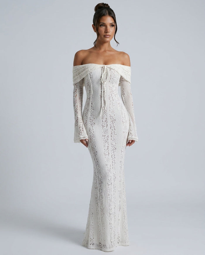 Odélie | Off-Shoulder Lace Fluted Cuff Maxi Dress