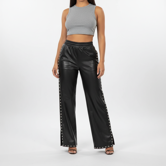 Women's High-Waist Wide-Leg Trousers with Stud Detail