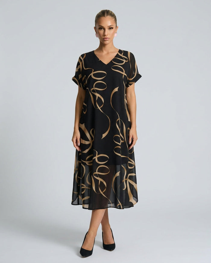 Tessa | V-Neck Bat-Sleeve Bow Print Midi Dress