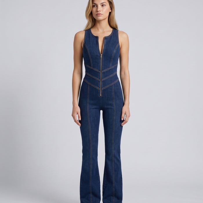 Madeline | Flare Leg Zip-Front Denim Jumpsuit