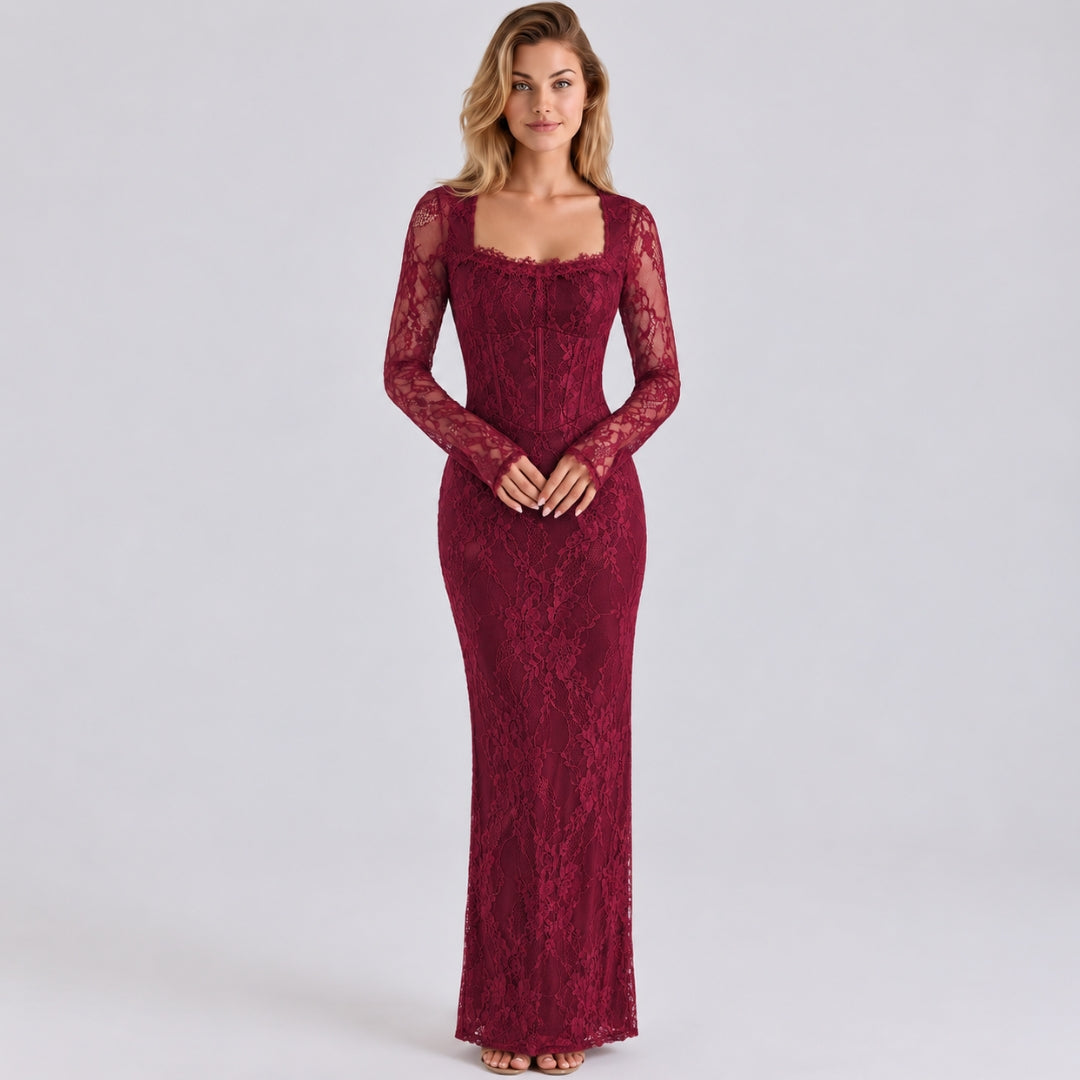 Marla | Maxi Dress with Lace Overlay and Long Sleeves