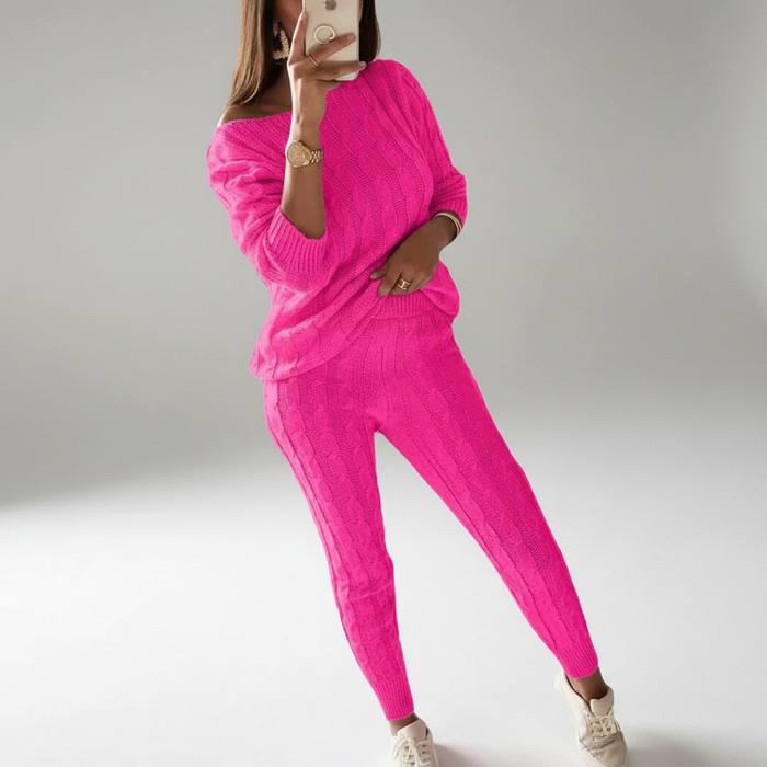 Women's Cable-Knit Lounge Set Two-Piece Boatneck