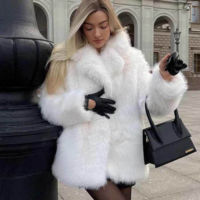 Women's Fluffy Faux Fur Coat with Wide Lapel Collar