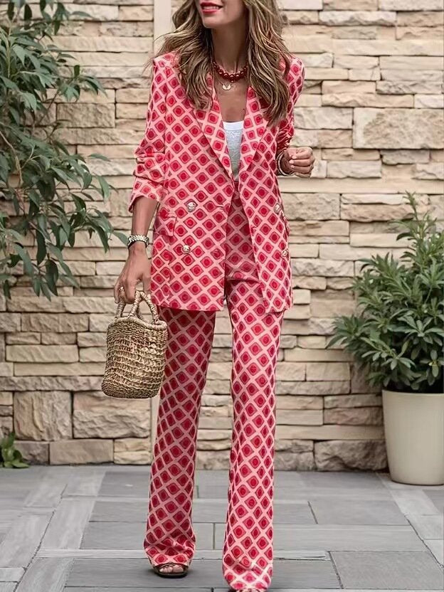 Women's Geometric Print Suit Set Blazer Pants Two Piece
