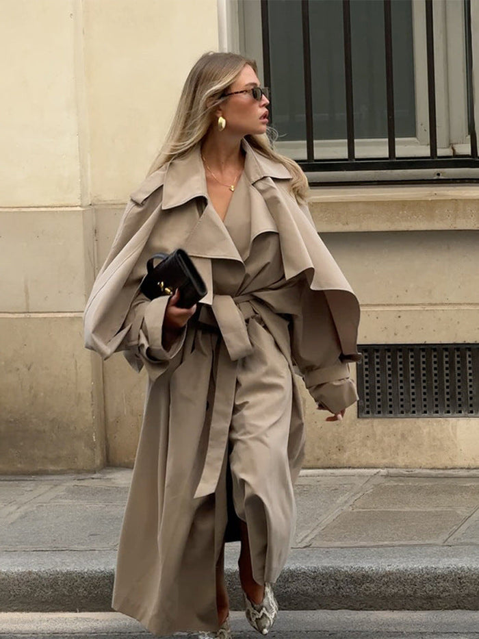Women's Belted Trench Coat with Wide Collar