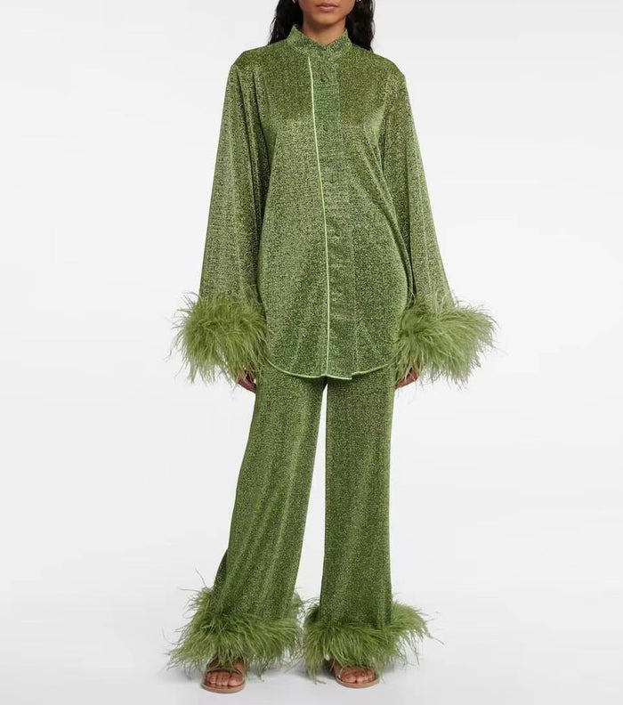 Women's Feather Trim Long Sleeve Top and Pants Set
