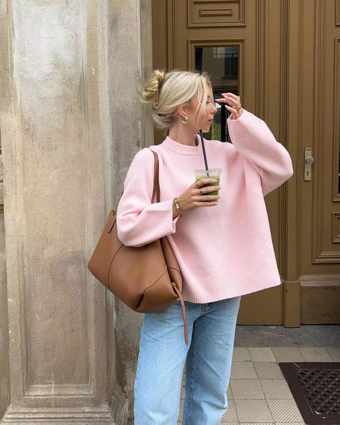 Women's Relaxed Fit Knit Sweater with Ribbed Trim