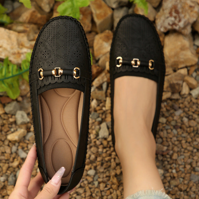 Women's Perforated Slip-On Loafers with Gold Buckle