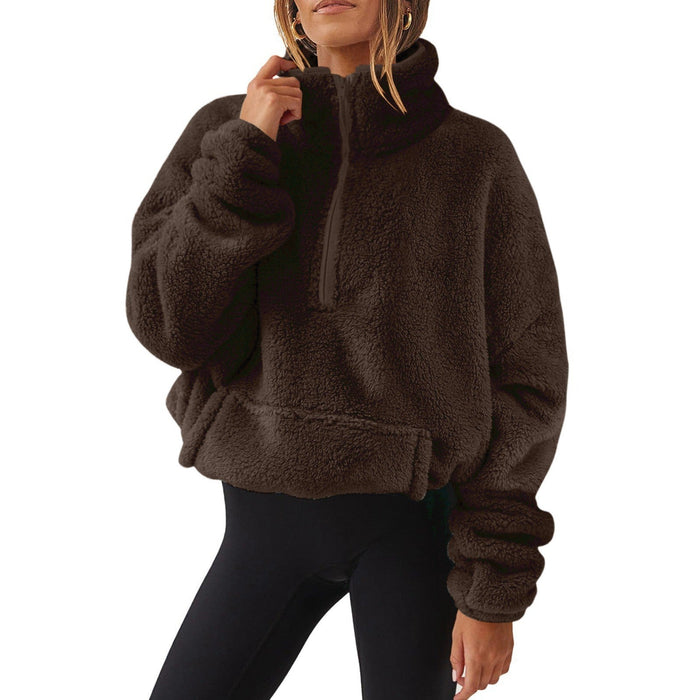 Women's Oversized Half-Zip Teddy Fleece Pullover with Kangaroo Pocket