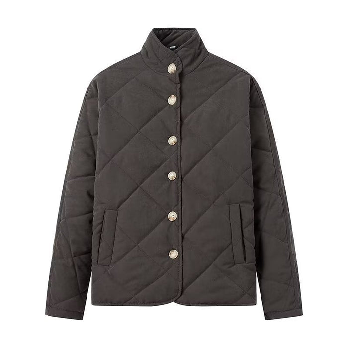 Women's Diamond Quilted Jacket Stand Collar Button Front
