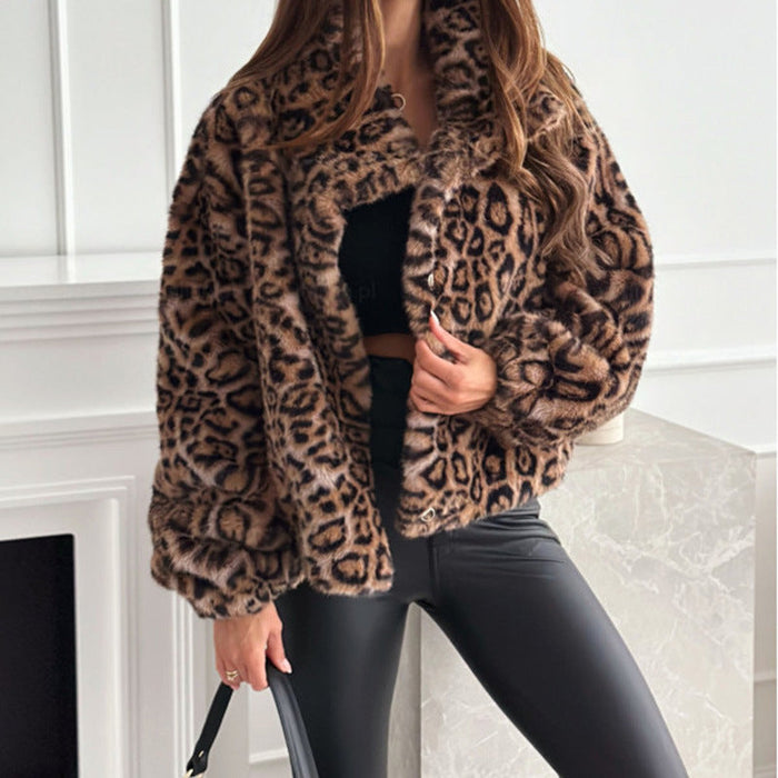 Women's Leopard Print Faux Fur Jacket with Oversized Fit