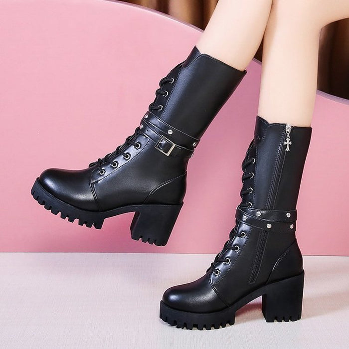 Women's Lace-Up Combat Boots Chunky Block Heel Mid-Calf