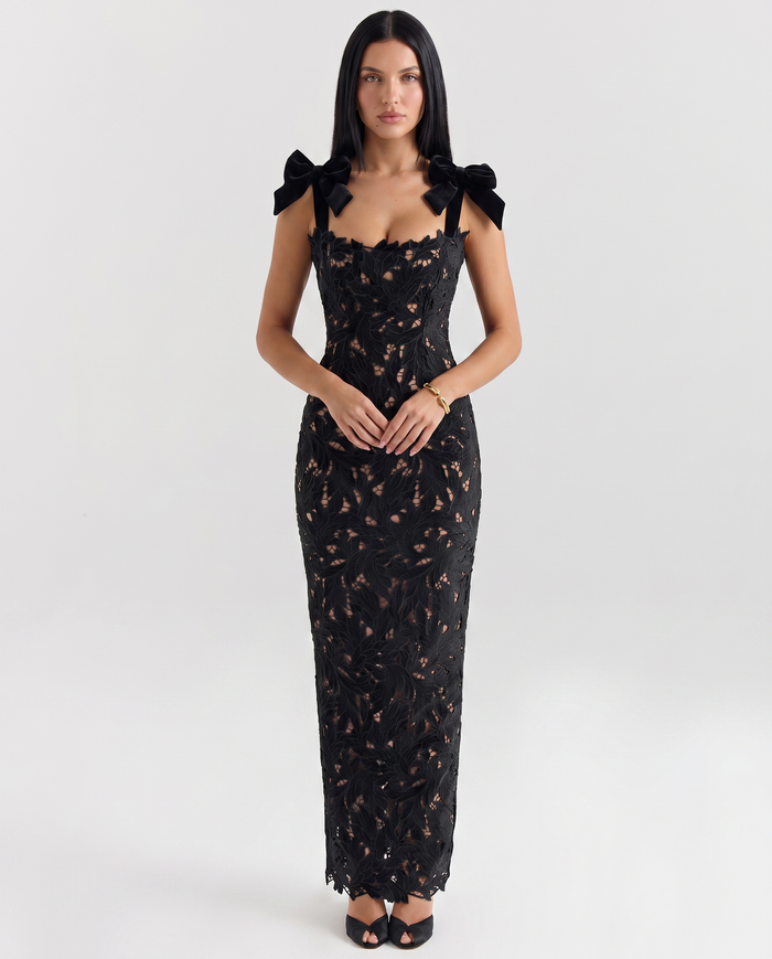 Thalina | Maxi Dress with Lace Overlay and Bow Straps