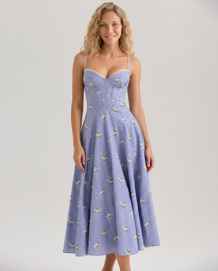 Sheree | Floral Print Midi Sundress with Lace-Up Back